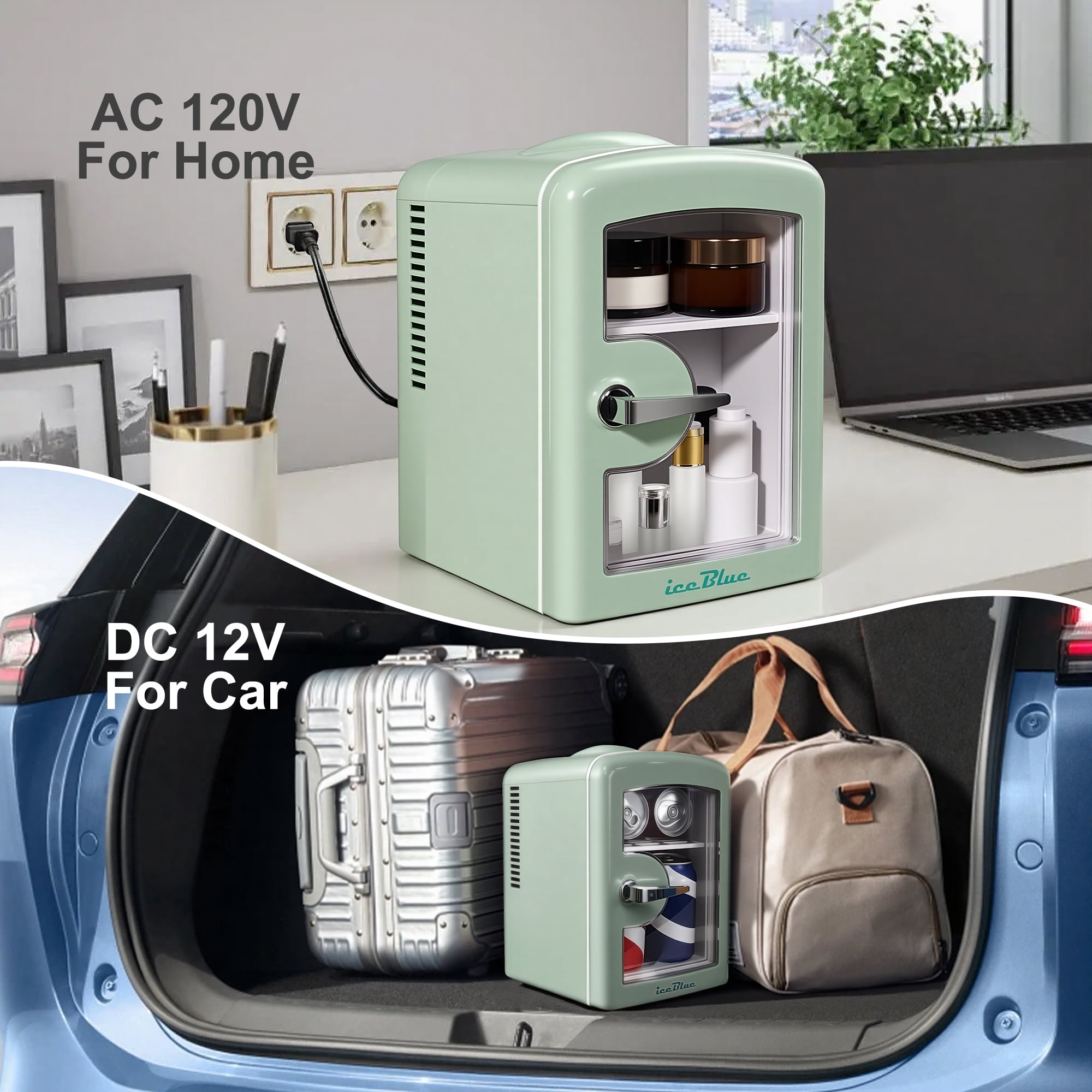 iceBlue 4L Makeup Refrigerator,  Mini Fridge for Cosmetics and Drinks, Car/Home Use (Green), Transparent Window and Chrome Handle