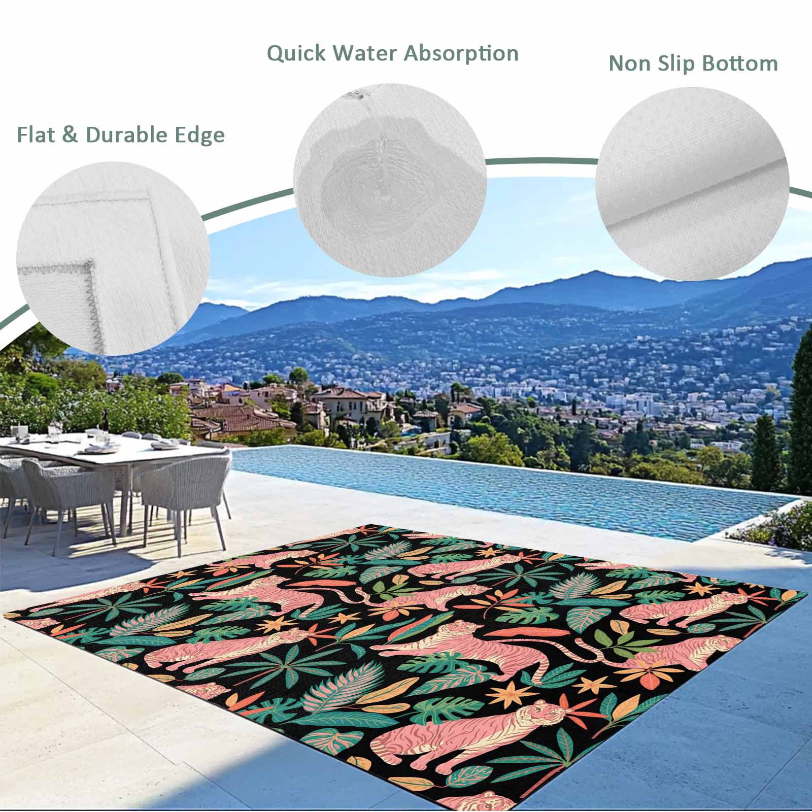 Farmhouse Tiger Outdoor Rug 6x9 Ft - Reversible Patio Rug Outdoor Camping Rugs, Summer Watercolor Animals Palm Trees Washable Indoor Outdoor Area Rugs, Non-Slip Outdoor Carpet Runner for Deck/Porch