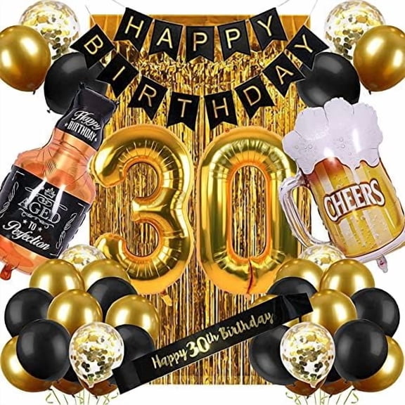 30th Birthday Decorations for Him Men, Happy 30 Bday Decor Black and Gold for Her Women Party Supplies