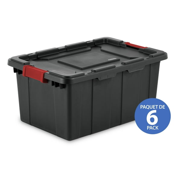 Sterilite 57 Liter Industrial Tote, Rugged Plastic Storage Bin with Latch Lid, Black, 6 Pk