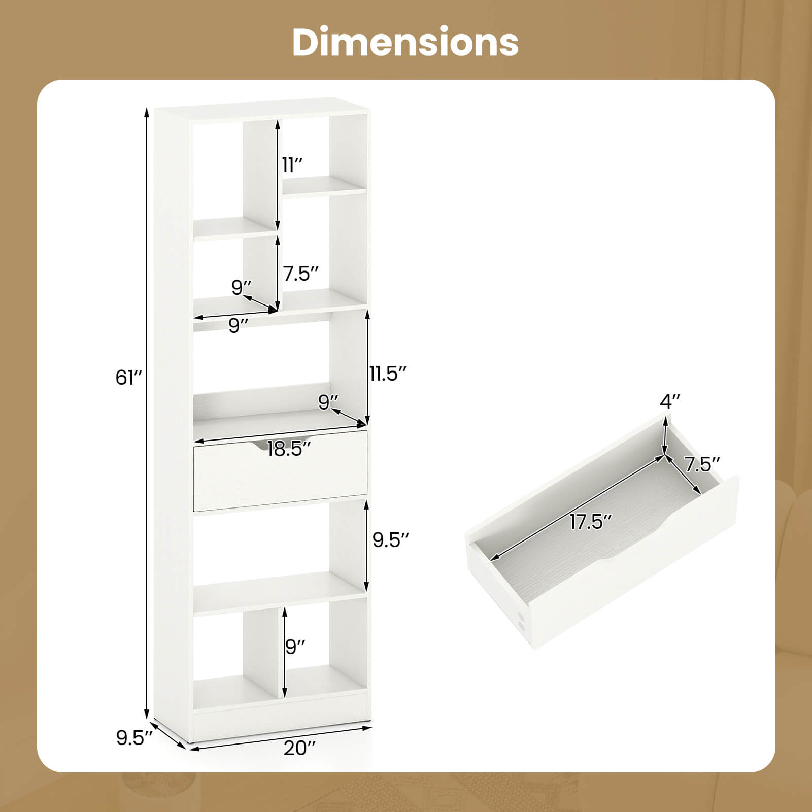 Costway 1 PCS 61” Bookcase with Drawer, 8 Open Cubes, Anti-toppling Kits for Living Room, Study White