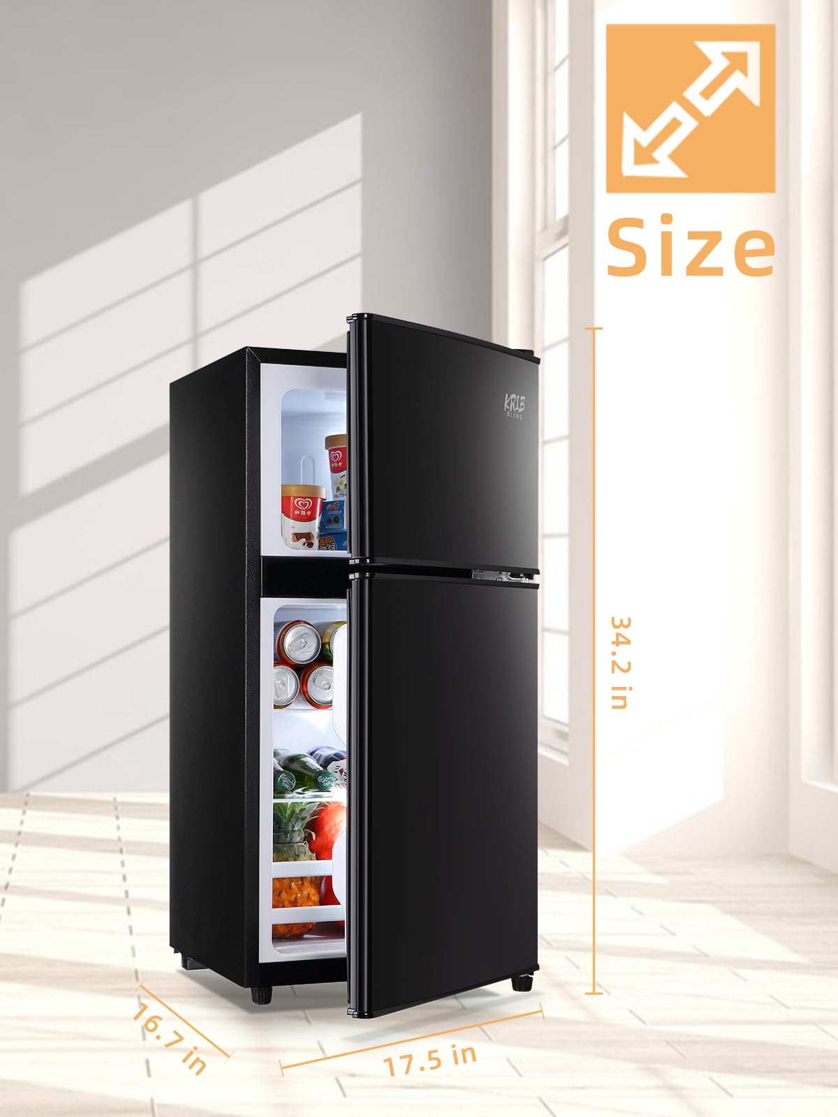 Krib B Compact Refrigerator 3.5 Cu.ft, Mini Fridge with Freezer, Modern Fridge with Dual Door, 7 Grade Temperature Adjustment, Black