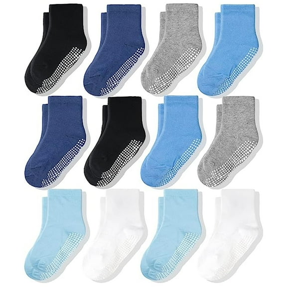 CozyWay Kids Crew Grip Socks - Non-Slip Grippers & Toddler Grip Socks - Soft Cotton Comfort - Machine Washable Durability - 7-9 Years, 12 Pack, Blue/White/Gray
