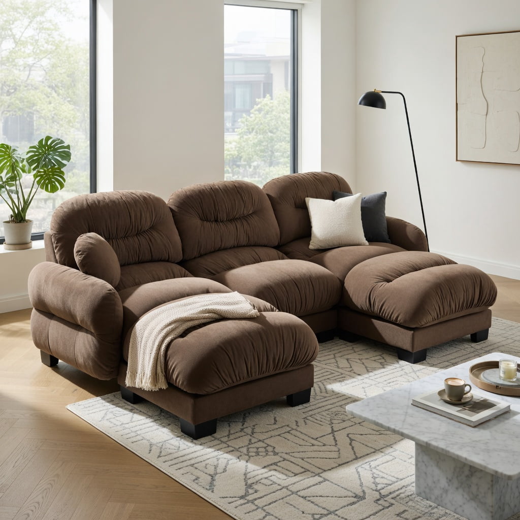 Hommoo Chenille U-Shape Modular Sectional Sofa with Pleated Back, Ergonomic High-Density Foam Cushions, 3-Seater + 2 Ottomans + 2 Round Throw Pillows, Brown