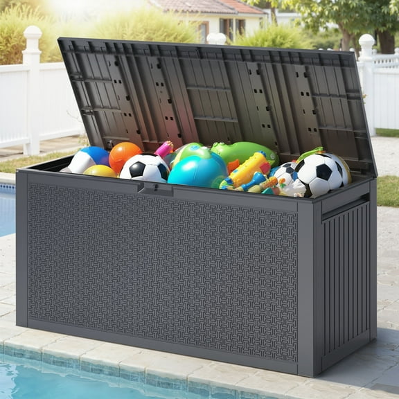 Seizeen 90GAL Outdoor Storage Box, Resin Deck Box Maze Pattern, Patio Toy Storage Furniture for Garden, MAX 485LBS Weight Storag Bench Table for Porch, Gray