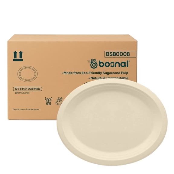 BOSNAL 10 inch Oval Compostable Dinner Plates, Bulk Box of 500 Pcs (20 Sets of 25), Sugarcane Bagasse Disposable Plates, Microwave Safe