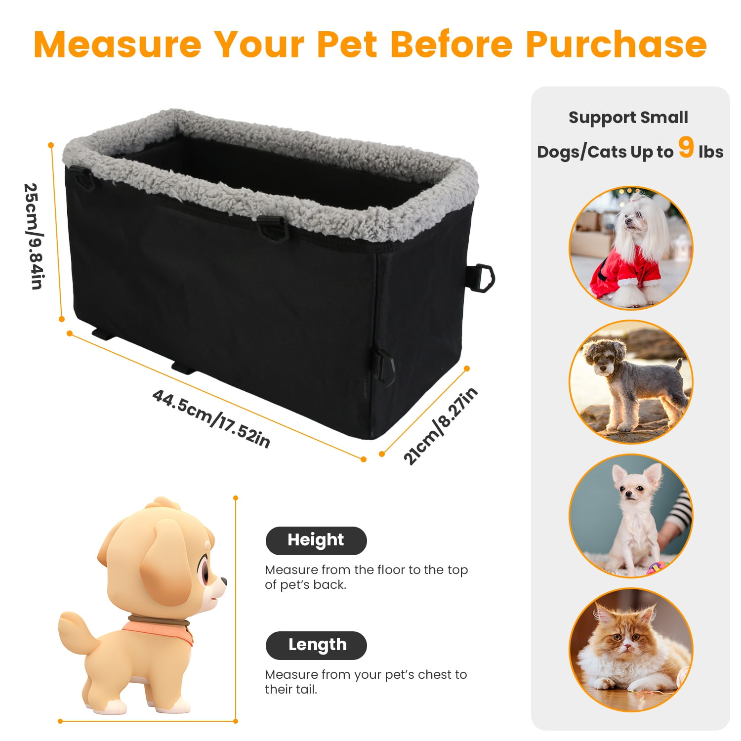 1Pc Small Dog Car Cotton Velvet Seat W/ Harness Side Pocket For Dogs Cats Up To 9LBS, Center Console Pet Booster Cushion Travel Car Seat
