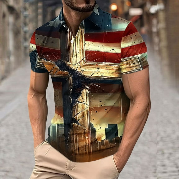 UVEASISHA Mens Fourth of July Golf Shirts Memorial Day Distressed Printed Polos Shirt Big and Tall Casual Button Collared T-Shirt Khaki 3XL