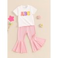 thumbnail image 3 of Suealasg Kids Little Girl 2Pcs Summer Outfits Short Sleeve Letter Embroidery Tops + Flare Pants Set 3T 4T 5T 6T Toddler Girl Clothes, 3 of 7