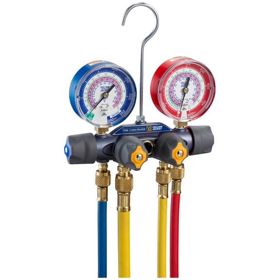 1pk Yellow Jacket 49975 4-Valve Titan Test/Charging Manifold, (psi °F) R32/454B/410A, 3-1/8" Gauges (60" Plus II R/Y/B Hoses/Vacuum Charging Hose)