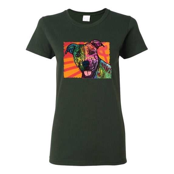 Cute Smiling Neon Pitbull Dog Breed Dog Lover Womens Graphic T-Shirt, Forest Green, Large