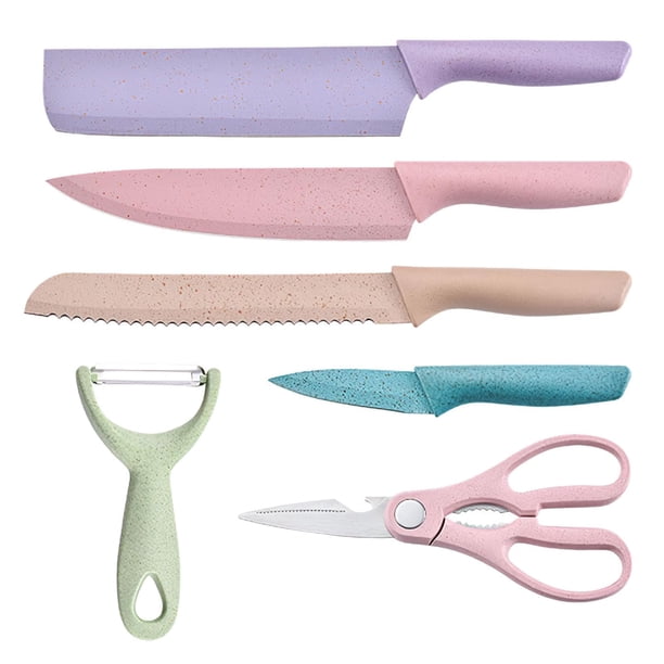 Juego de 6 cuchillos de cocina de colores, juego de cuchillos pequeños de cerámica con tijeras de cocina, cuchillos para pelar, cuchillos de cocina para frutas, pan, ensaladas, melones y verduras
