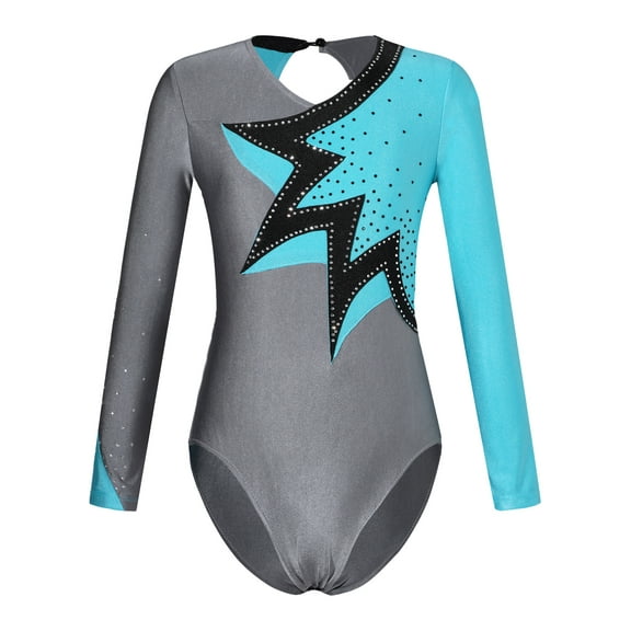 CHICTRY Girls Color Contrast Ballet Gymnastics Leotard Long Sleeve Modern Dance Ice Skating Bodysuit Teal Blue 6