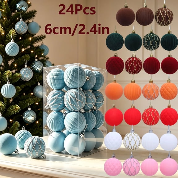 Fwttom 24pcs Flocked Christmas Ball Ornaments Set Shatterproof Hanging Merry Christmas Tree Decorations for Holiday Xmas Decor, Blue