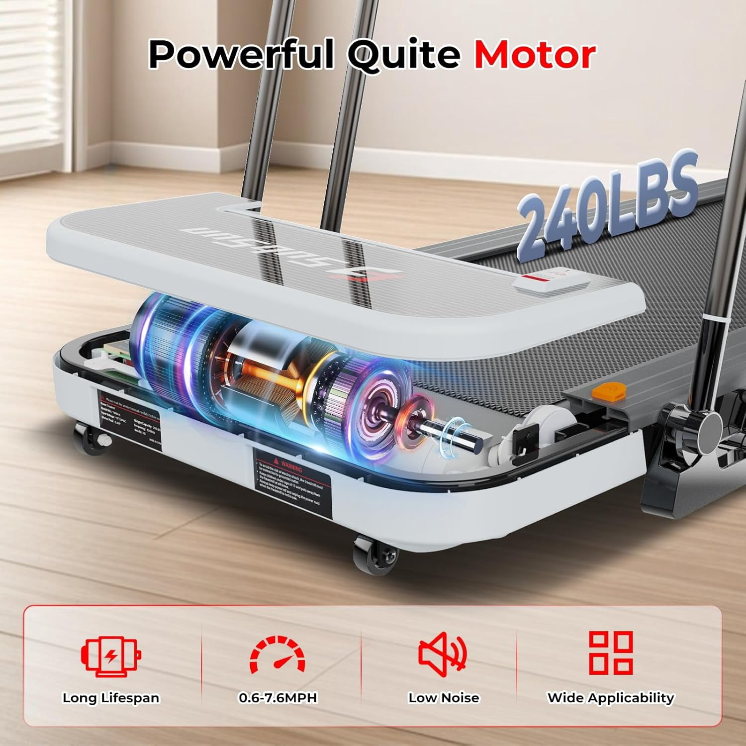 Foldable Treadmill for Home, Adjustable Handle Height Smart Treadmill with , Walking Pad Exercise Treadmill with 0.6-7.6 MPH Speed, 240lb Capacity, White