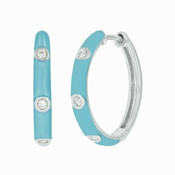 925 Sterling Silver Diamond and Turquoise Ceramic Hoop Earrings for Women, 1/10 Ct