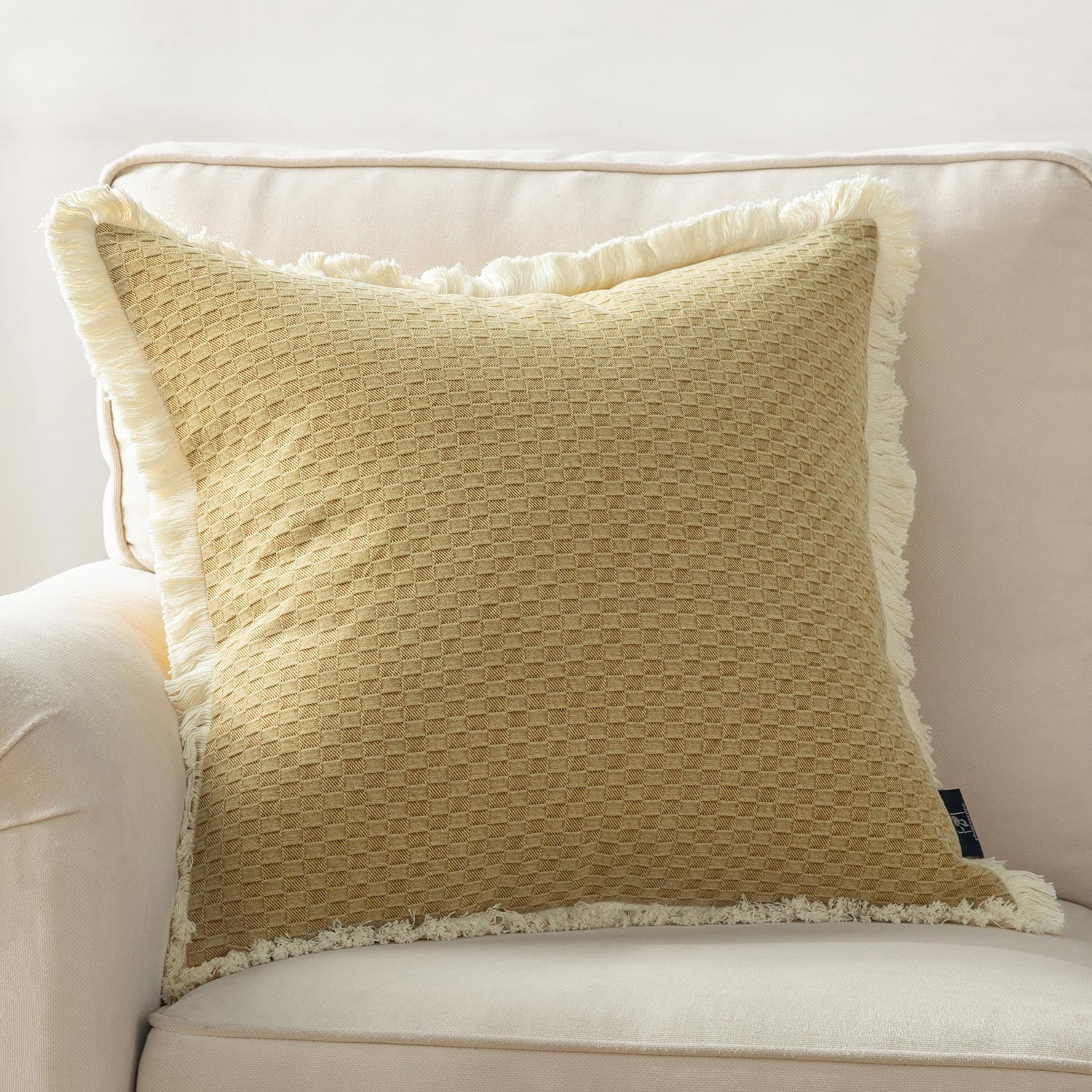 Phantoscope Fringe Trim Textured Woven Decorative Throw Pillows with Inserts, Boho Checker Pattern, Light Brown, 12 x 20 in, 2 Pack