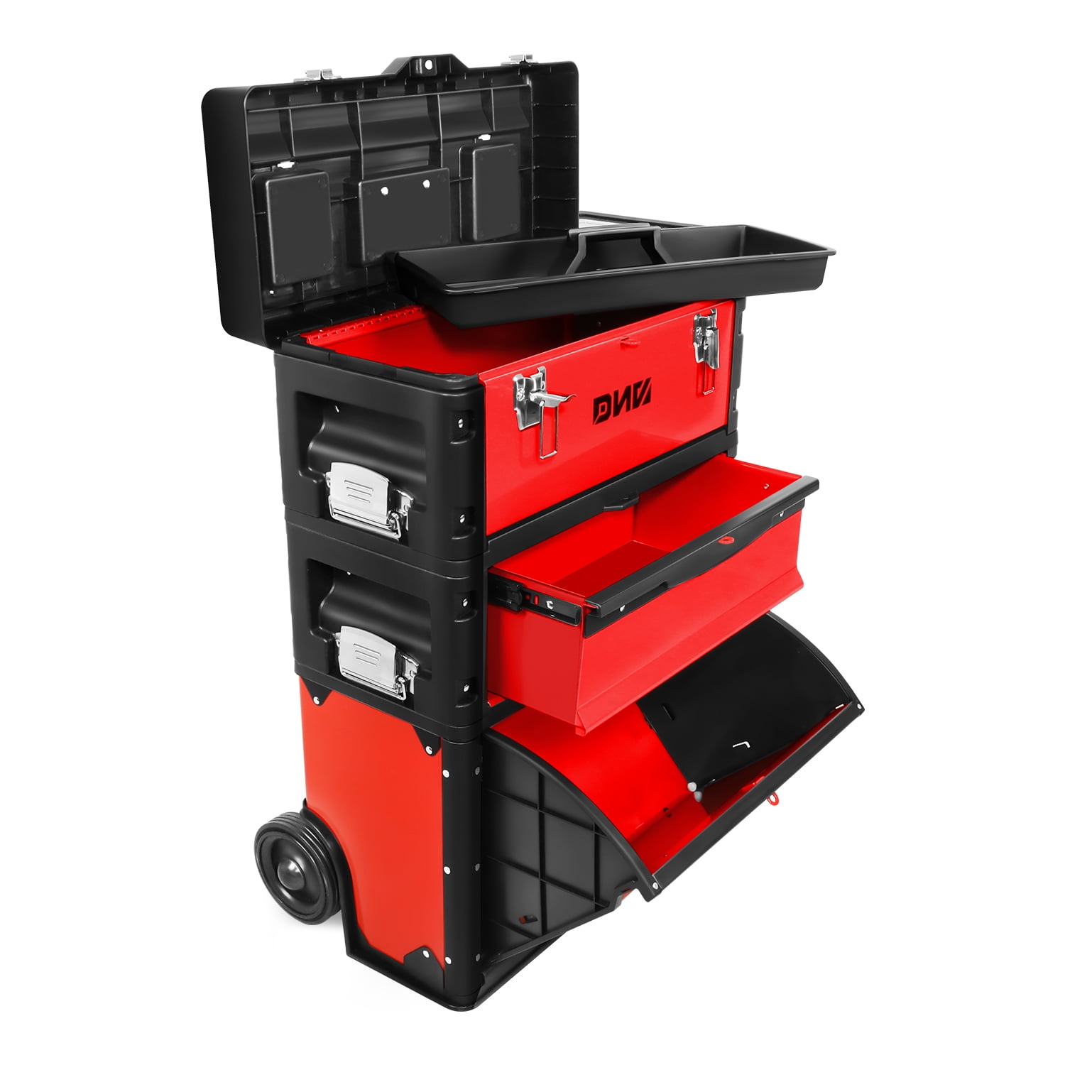 DNA Motoring 3-Tier Stackable Trolley Tool Box Storage Case Organize 19.5" x 28.5" x 12" Red