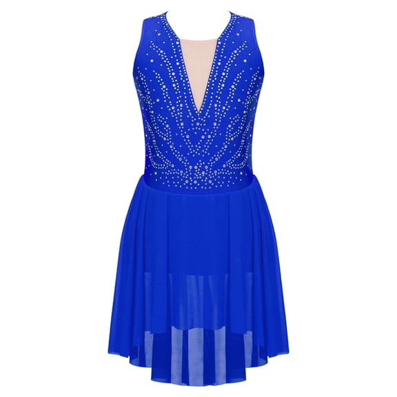Yeahdor Kids Girls Rhinestone Figure Skating Dress Sleeveless Strappy Back Modern Lyrical Dance Costume Royal Blue 14