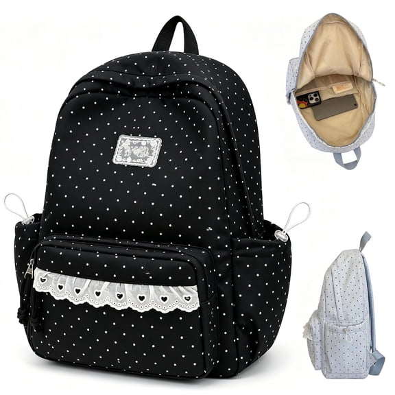 Polka Dot Backpack, Large Capacity Nylon Daypack with Multiple Pockets and Adjustable Padded Straps, Back to School Supplies