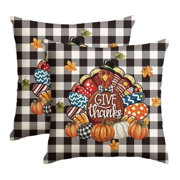 Sm:)e Plaid Turkey Pumpkin Bow Maple Leaf Thanksgiving Throw Pillow Covers 18x18 Inch Set of 2, Cushion Covers for Sofa Home Decor
