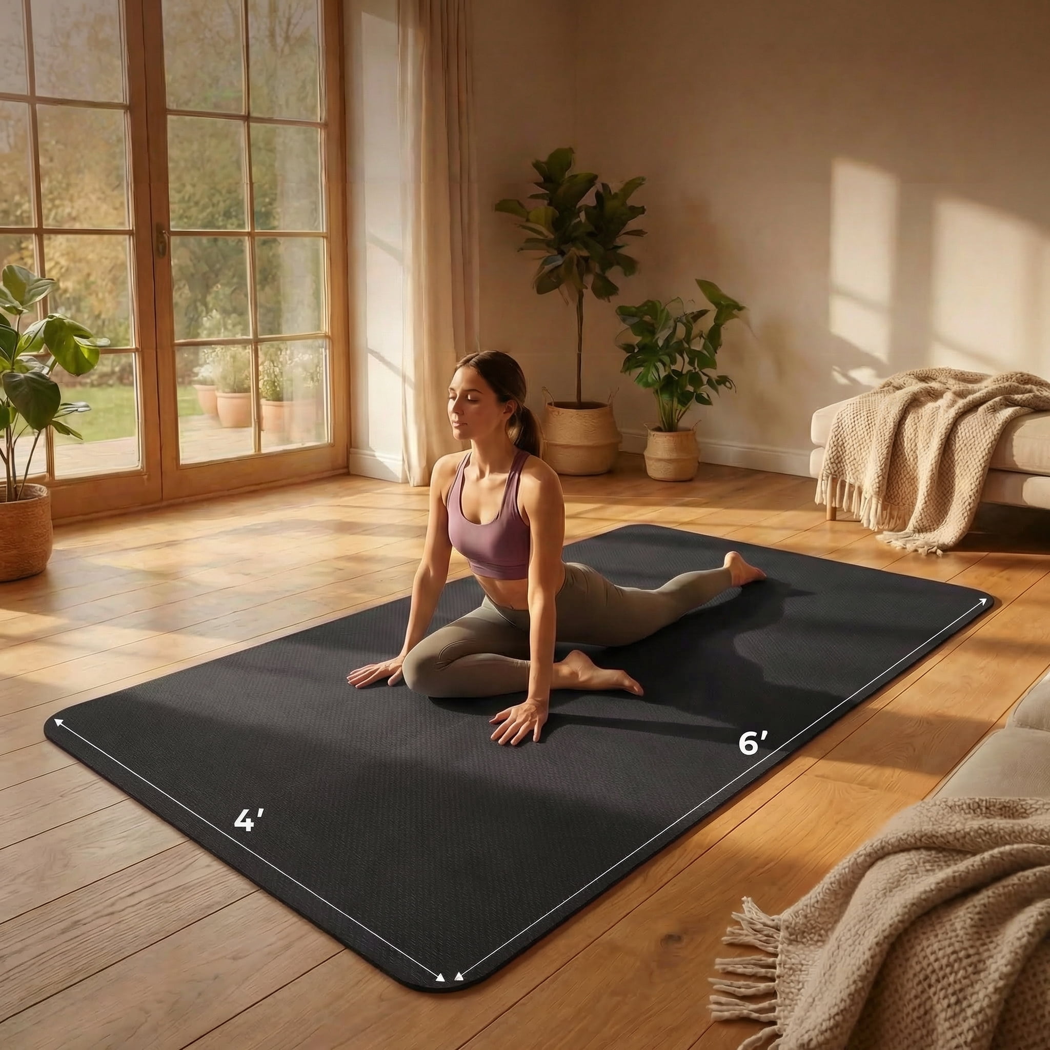 FrenzyBird Large Yoga Mat 6'x4' (72"x48") 183x122cm, 1/4" Thick TPE Non-Slip Extra Wide Exercise Mat, Big Home Workout Mat for Yoga, Pilates, Gym & Floor Workouts for Women & Men（6mm Black）