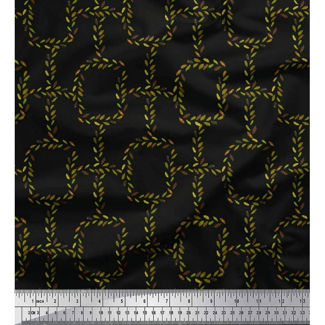 Soimoi Black Modal Satin Fabric Leaves & Geometric Print Sewing Fabric Yard 42 Inch Wide