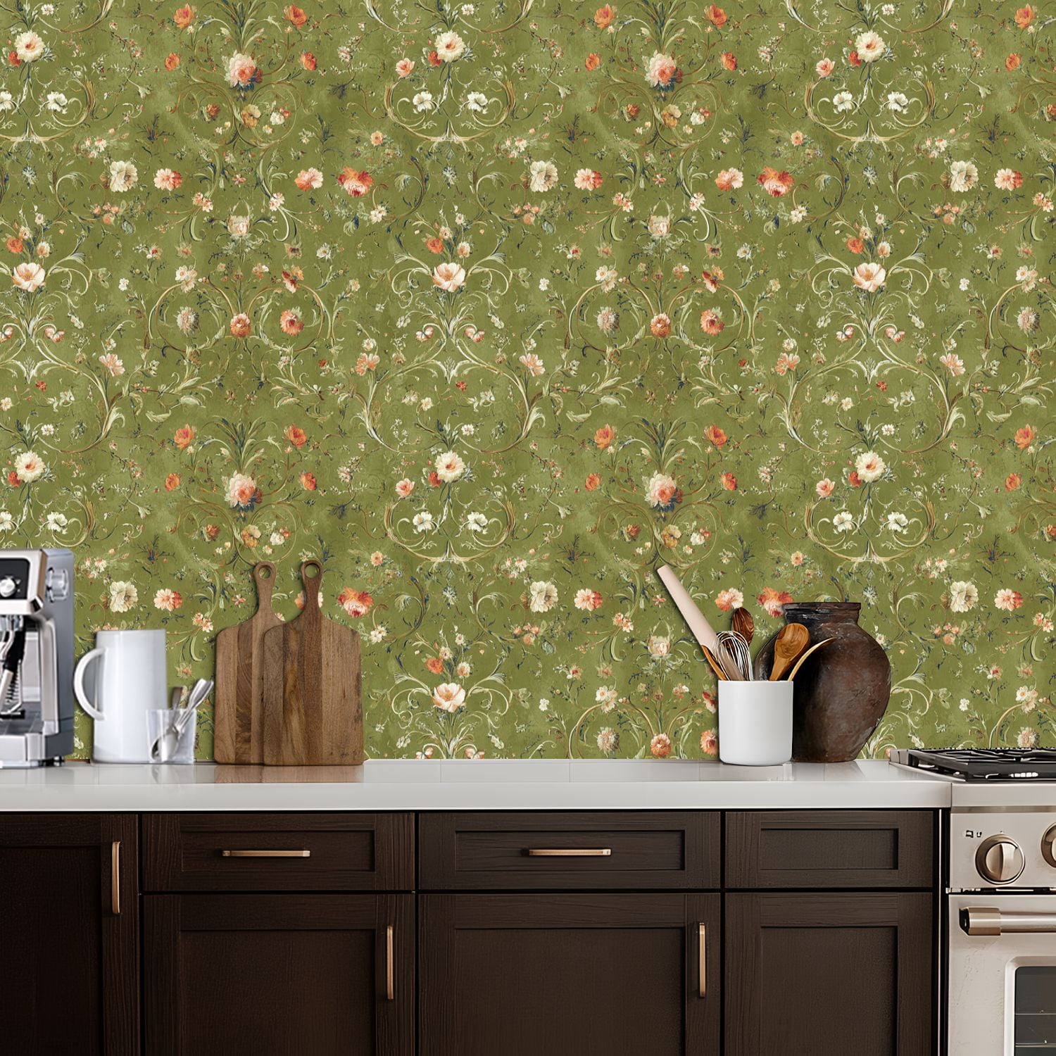 Peel and Stick Wallpaper Vintage Floral Soft Green Delicate Blooms Wall Mural 17.7in x 9.8ft Self Adhesive Removable Wall Paper Renter Friendly Wallpaper for Nursery Bedroom Cabinets