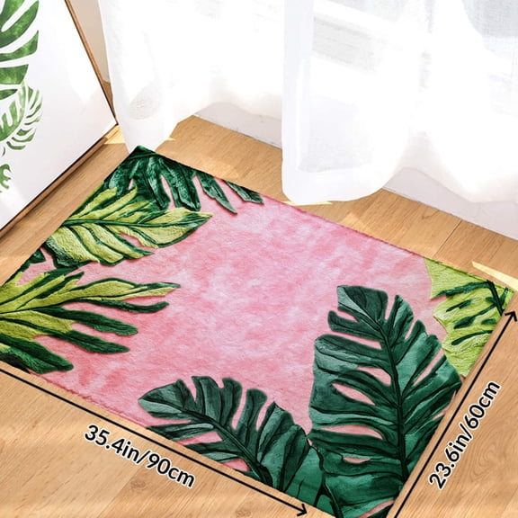 Green Tropical Leaves On Pink Soft Small Velvet Area Rugs Non Slip Indoor Floor Carpet for Living Room Bedroom Decor