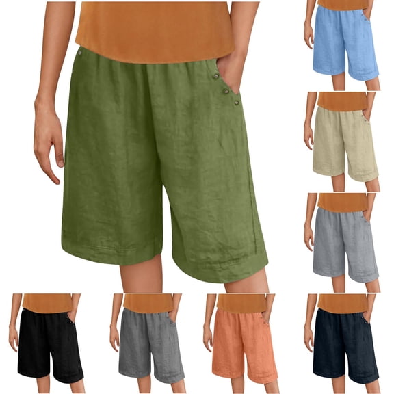 BXINGOHAI Linen Beach Vacation Shorts for Women Dressy Casual Summer Outfits High Waisted Lounge Comfy Wide Leg Loose Khaki,L