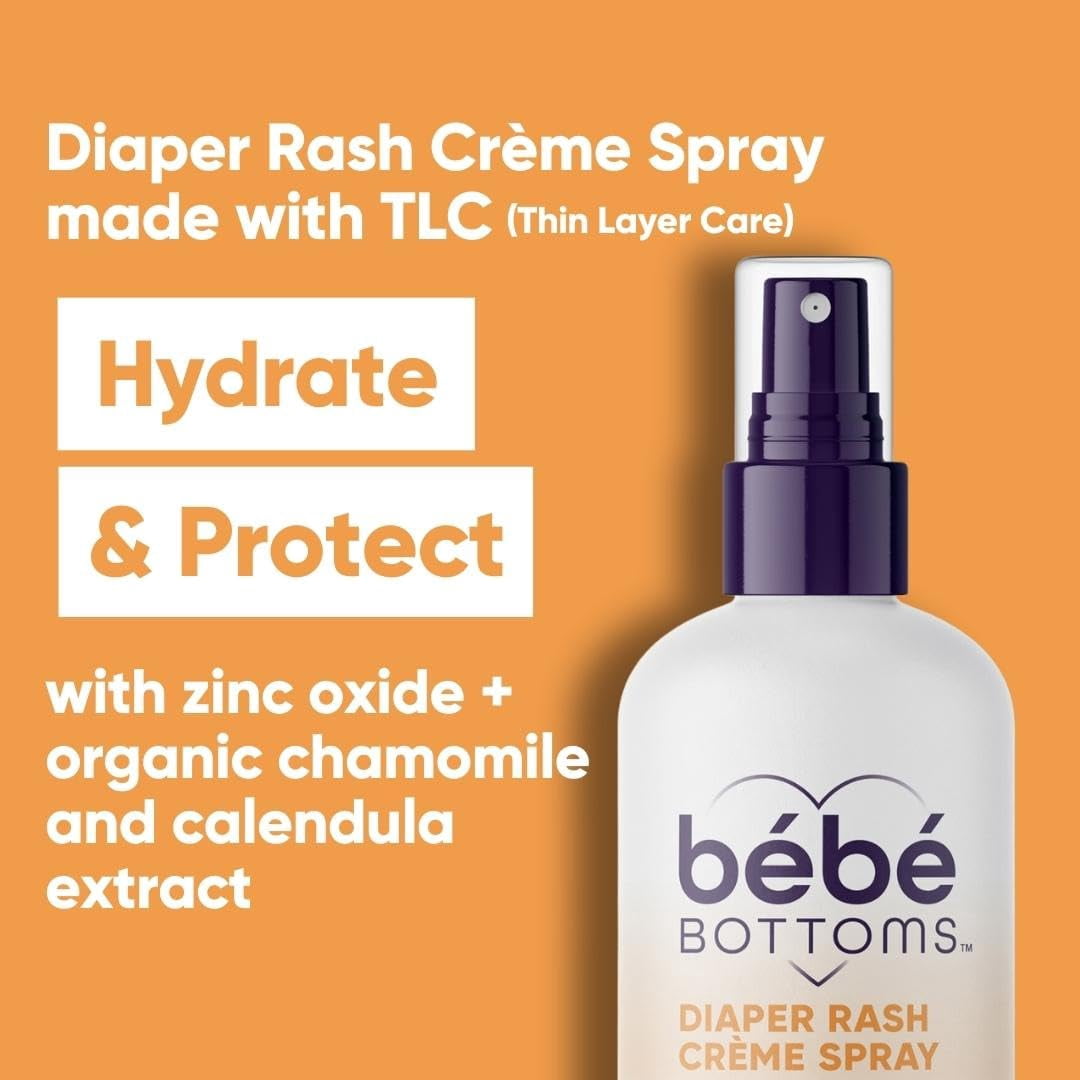 (4 pack) Bébé Bottoms Diaper Rash Cream Spray - Paraben, Dye & Fragrance Free, No-Rub Touch Free Application for Sensitive Skin - Quick Relief & Comfort (100 ml)