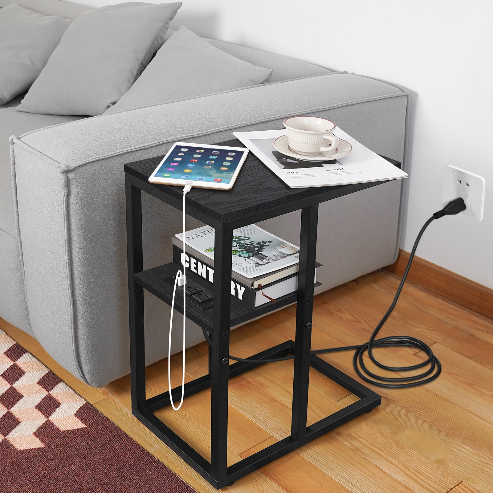 C Shaped End Table with Charging Station, Small Side Tables for Couch for Living Room, Bedroom, Black