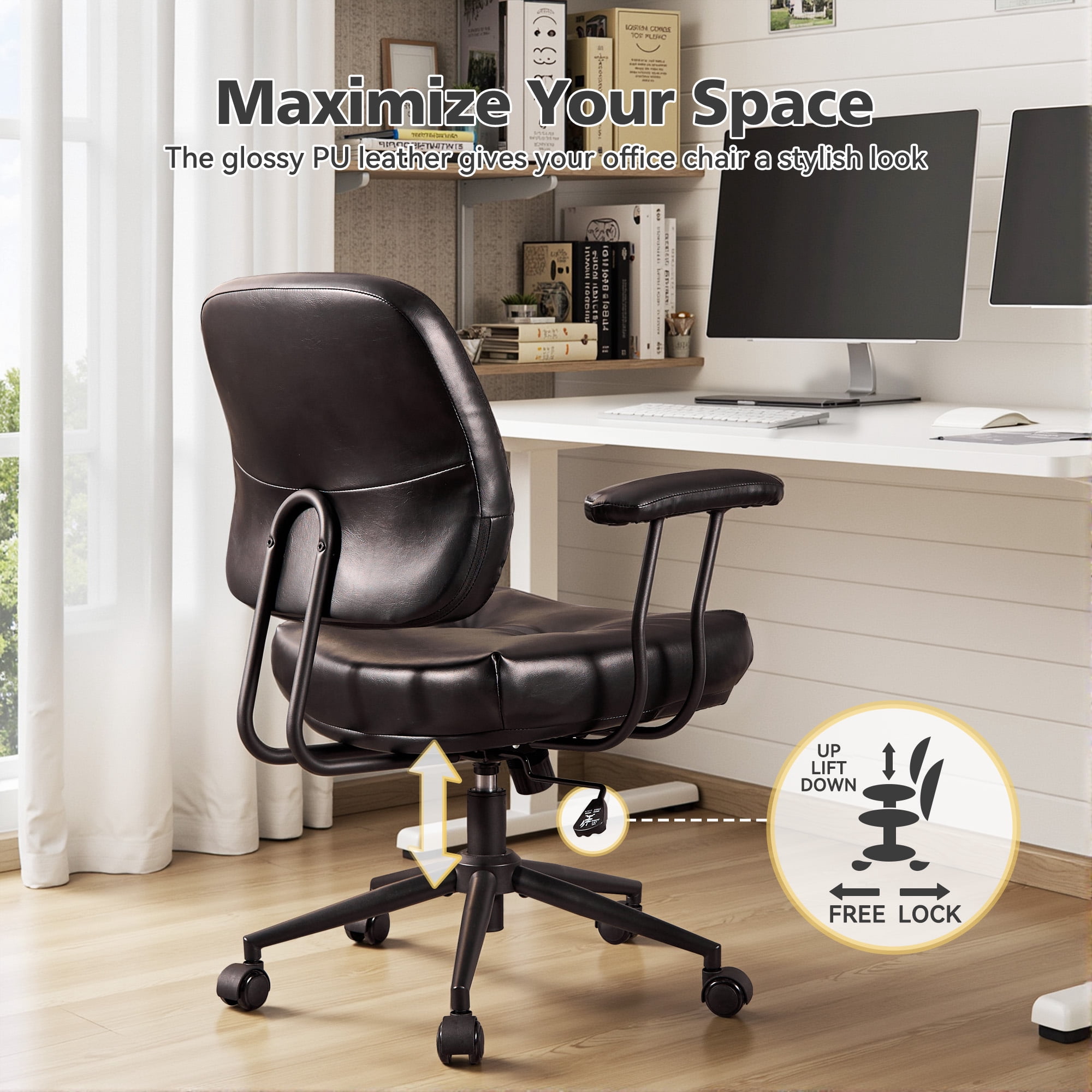 Toject Office Chair, Executive Desk Chair with Lumbar Support, Comfy Office Chair Adjustable Height Rolling Swivel Chair, Computer Chair Task Chair for Office Area, PU Leather, Black