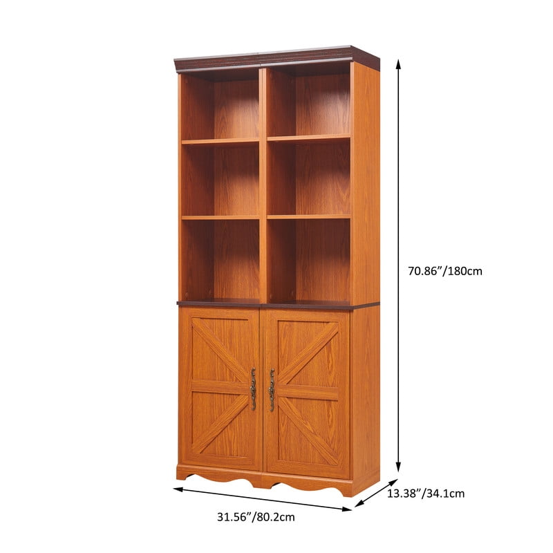 Farmhouse Storage Cabinet with Barn Door & Adjustable Shelf, Wood Bookcase for Home Office, Bookshelf with Open Display Cubbies