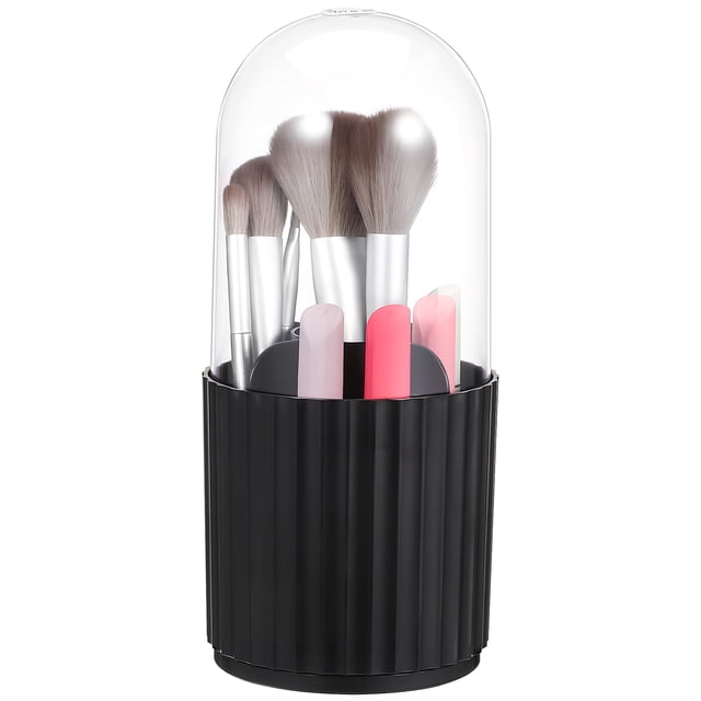 Organizador de maquillaje giratorio con brochas y compartimentos para guardar cosméticos, organizador de tocador y bolígrafos de escritorio con tapa transparente