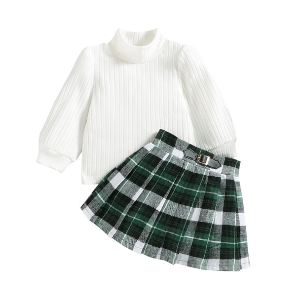 Gibobby faldas para mujer Camiseta de manga larga para niñas pequeñas Tops Trajes de falda con estampado a cuadros(Blanco, 6-12 Meses)
