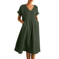 thumbnail image 2 of AUNVITO Women's V-Neck Solid Color Casual Short Dress with Long Sleeve and Pocket, 2 of 9