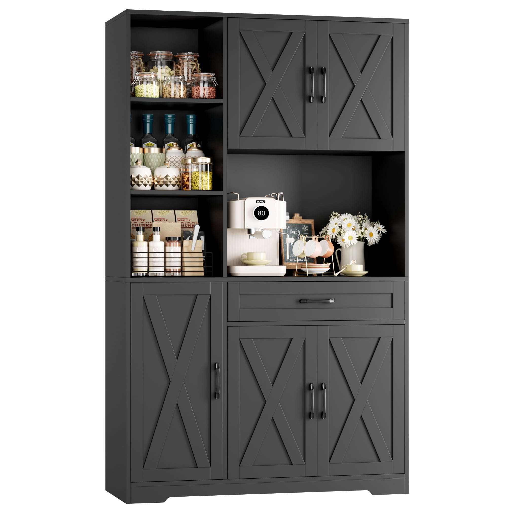 Hiphuta 71"Farmhouse Kitchen Pantry Storage Cabinet, Freestanding Hutch Cabinet with Microwave Stand, Sturdy Pantry Cabinet for Dining Room, Black