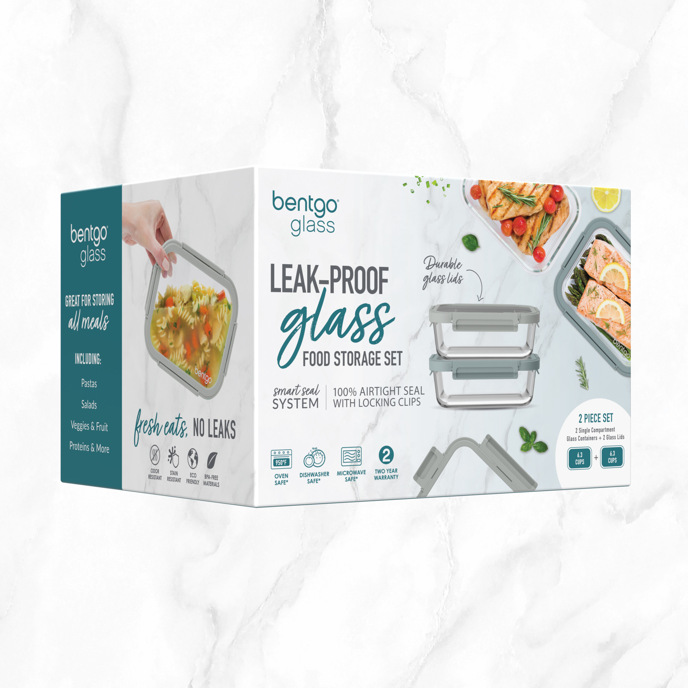 Bentgo® Glass Leak-Proof Food Storage 4-Piece Set (Two 6.3 Cup Containers) Durable 1-Compartment Food Storage Containers & Airtight Locking Lids (Pebble/Stone)
