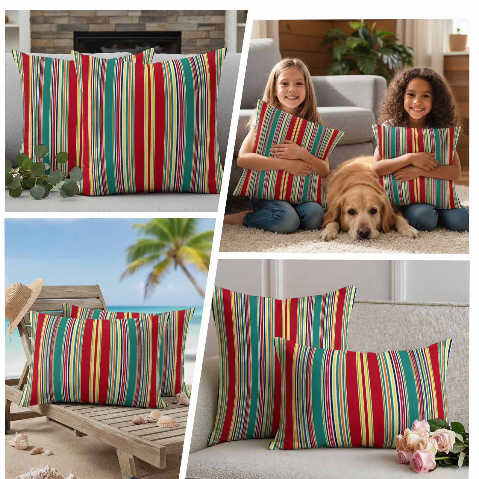 Outdoor Waterproof Throw Pillow Covers Set of 2 Red Striped Decorative Pillowcases Square Outdoor Pillows Cushion Case 16x16 Inch Geometric Green Yellow Stripes Patio Pillows for Couch Sofa Bed