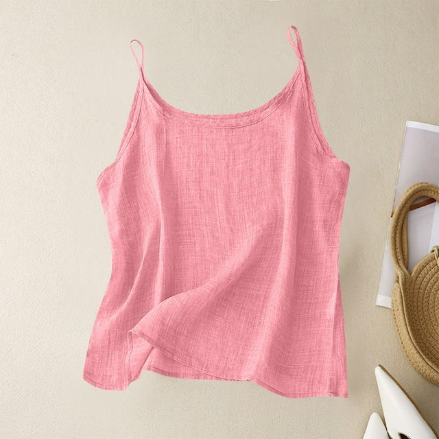 Tank Tops for Women Sleeveless Round Neck Cotton Linen Solid Color Loose Shirt Pink S