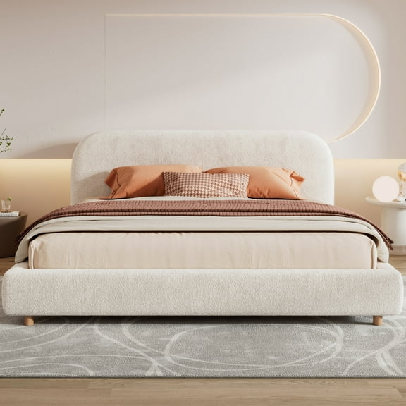 Solara King Size Upholstered Boucle Platform Bed with Headboard, White