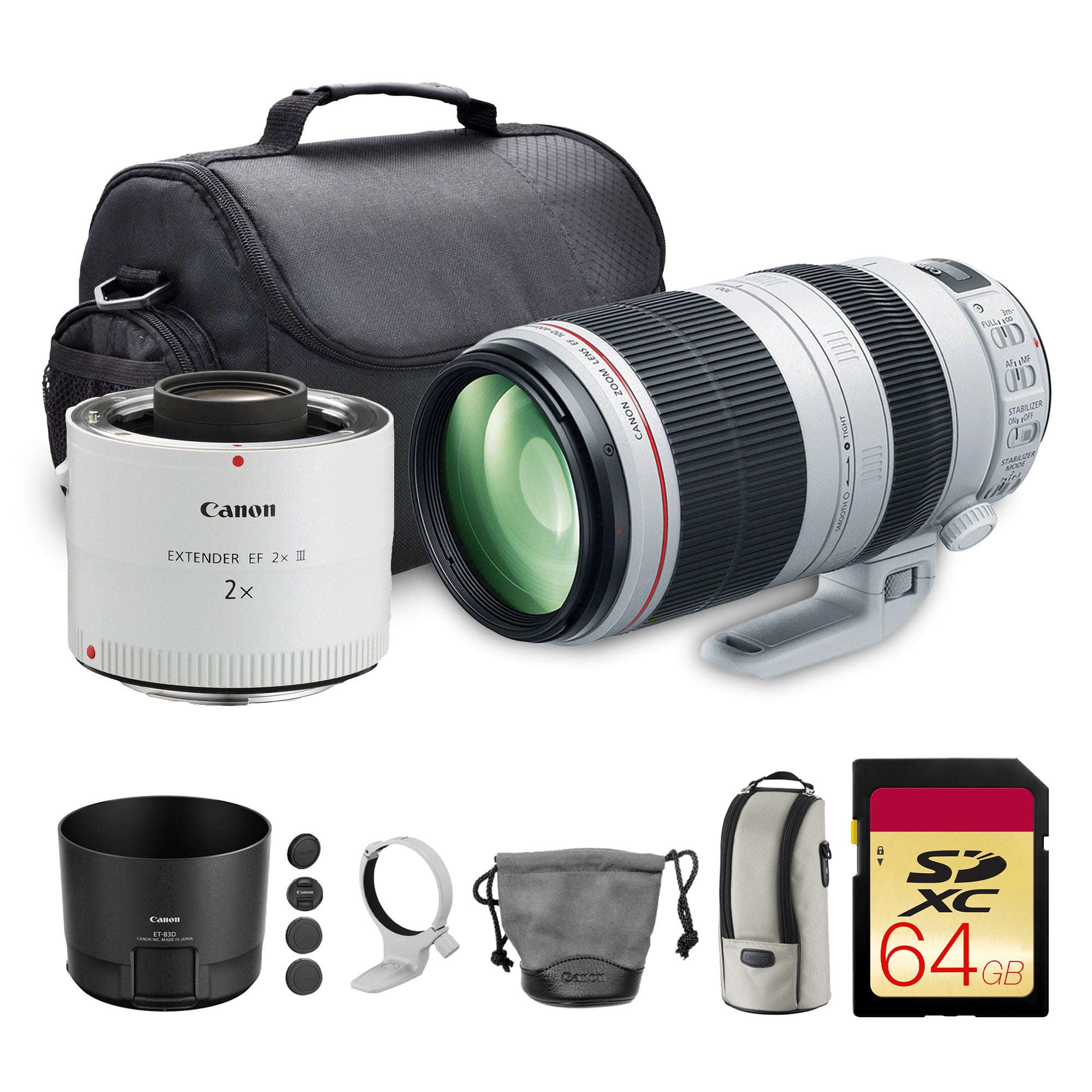 Canon EF 100–400mm F/4.5–5.6L IS II USM Lens Bundle with 2x Extender, Bag and 64GB Card (9524B002)