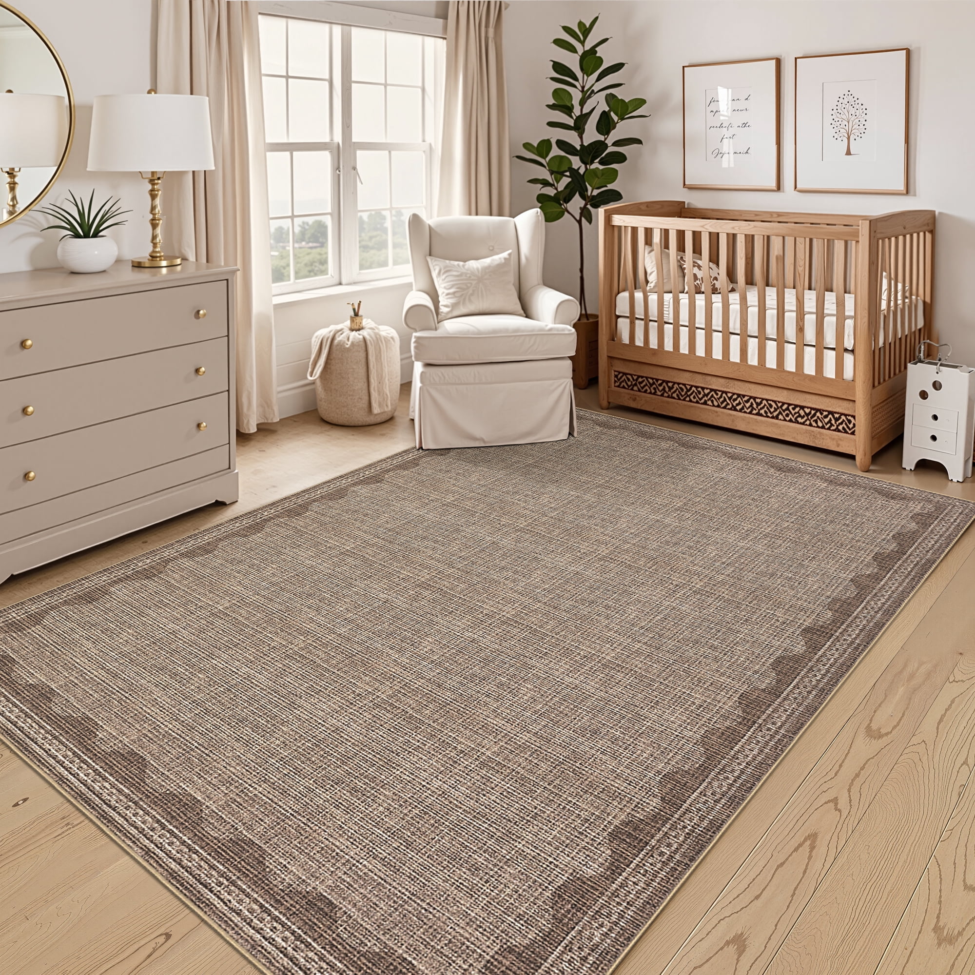 Tzou Modern Scalloped Border Washable Rugs 4' x 6', Non-Slip Low Pile Area Rug for Living Room, Machine Washable Stain Resistant Carpet
