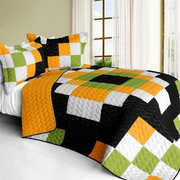 ONITIVA-QTS01496-23 Ray of Light - 3 Pieces Vermicelli - Quilted Patchwork Quilt Set  Full & Queen Size - Green