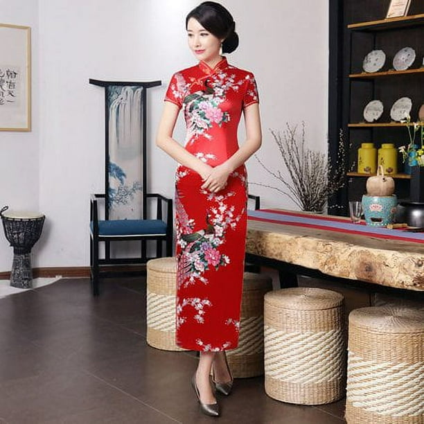 ALSLIAO - Vestido tradicional chino cheongsam para mujer, por encima de la rodilla, con abertura, rojo, talla 2XL