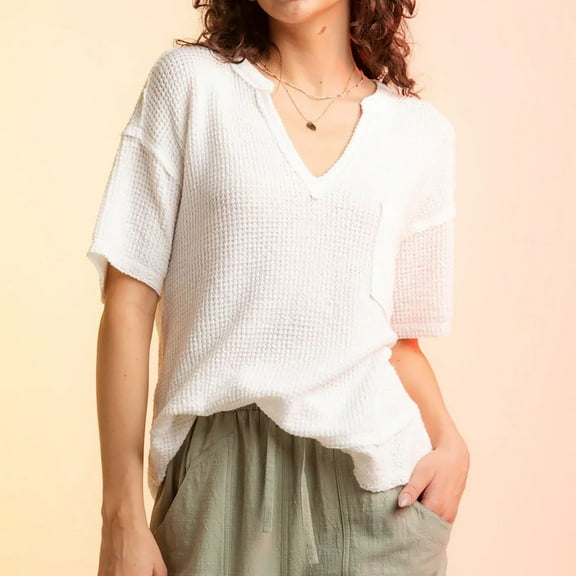 Womens Waffle Knit Tops 2026 Spring Summer V Neck Shirts Casual Trendy Women's Blouses Basic Tee White XL