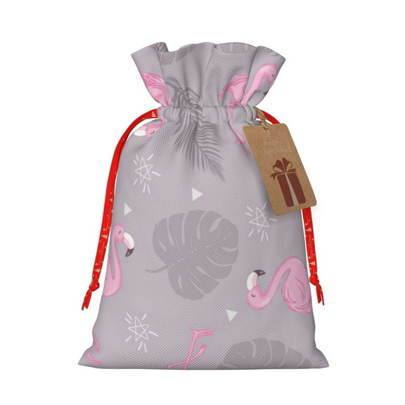 Naloa Pink Flamingo Drawstring Christmas Bags, 3D Xmas Gift Bags, Christmas Wrapping Bags, Xmas Goodie Bags, Treat Pouch Bags, Party Favor Bags-Small