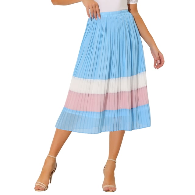 INSPIRE CHIC Faldas Con Gradas De Cintura Alta Para Mujer Falda Midi Plisada De Gasa Con Bloque De Color Azul Claro XS