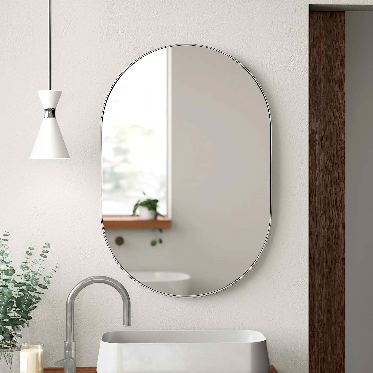 MAYEERTY 20x28 Inch Silver Metal Framed Oval Bathroom Mirror, for Bathroom Wall Decor